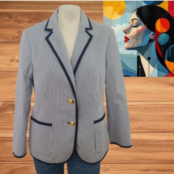 Jones New York Striped Blazer Navy Trim Gold Buttons Career Jacket Sz L - Picture 1 of 11